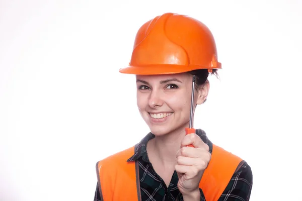 Beautiful Young Girl Worker Helmet Holds Screwdriver His Hand — ストック写真