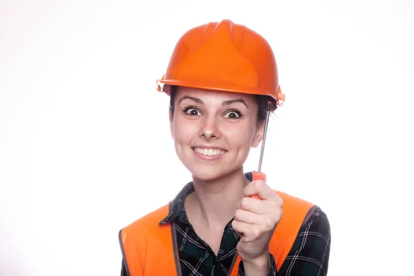 Beautiful Young Girl Worker Helmet Holds Screwdriver His Hand — ストック写真