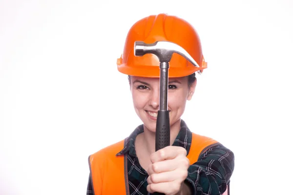 Beautiful Young Girl Worker Helmet Holds Hammer His Hand — Stock Photo, Image