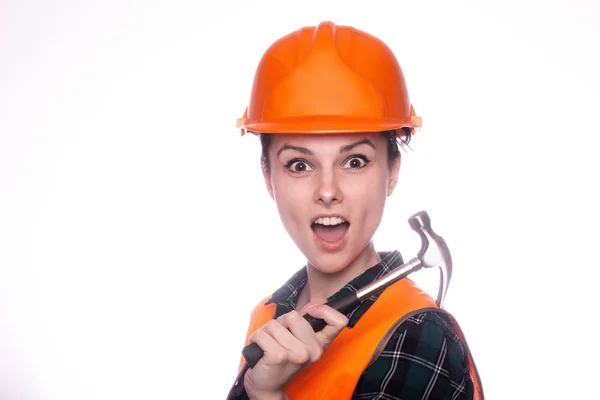 Beautiful Young Girl Worker Helmet Holds Hammer His Hand — Stock Photo, Image