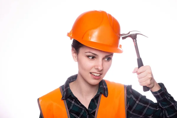 Beautiful Young Girl Worker Helmet Holds Hammer His Hand — Stock Photo, Image