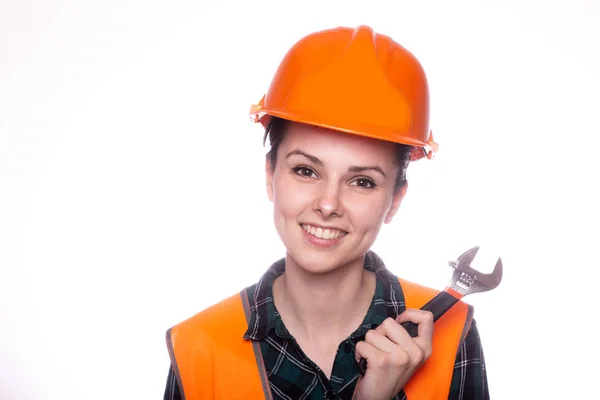 Beautiful Young Girl Worker Helmet Holds Her Hand Wrench — Stock Photo, Image