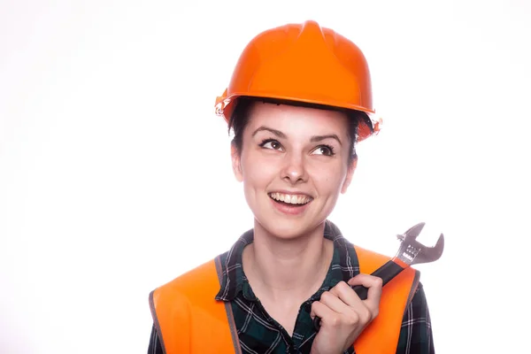 Beautiful Young Girl Worker Helmet Holds Her Hand Wrench — Stock Photo, Image