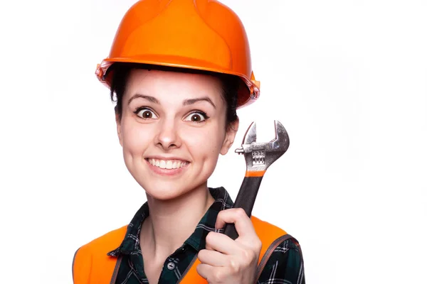 Beautiful Young Girl Worker Helmet Holds Her Hand Wrench — Stock Photo, Image