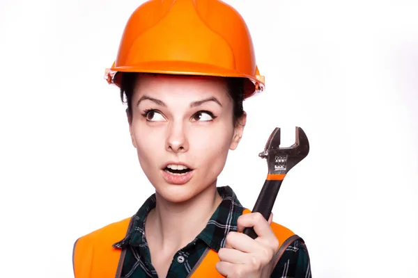 Beautiful Young Girl Worker Helmet Holds Her Hand Wrench — Stock Photo, Image