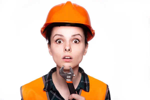 Beautiful Young Girl Worker Helmet Holds Her Hand Wrench — Stock Photo, Image