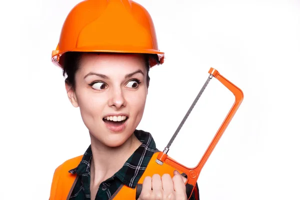 Beautiful Young Girl Worker Helmet Holds Screwdriver His Hand — ストック写真