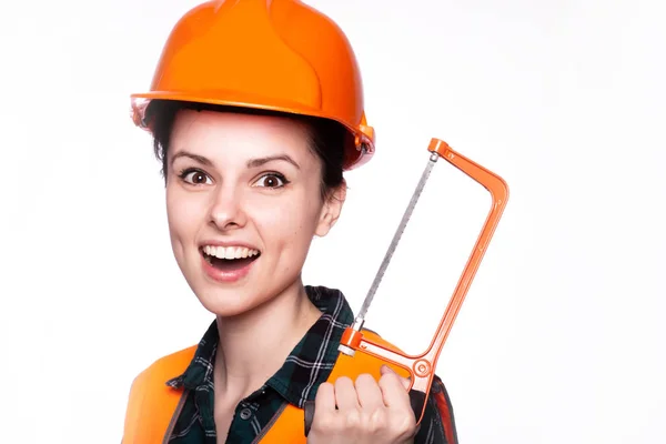 Beautiful Young Girl Worker Helmet Holds Screwdriver His Hand — ストック写真