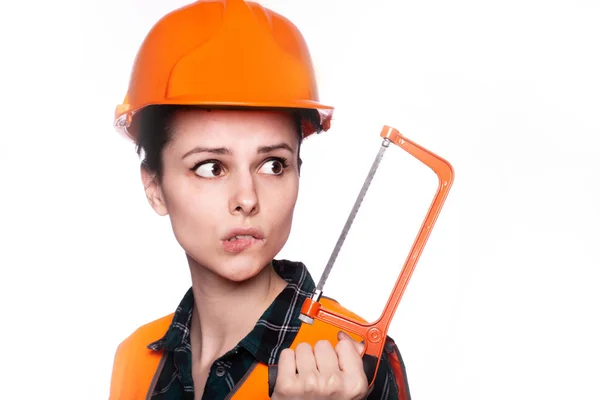 Beautiful Young Girl Worker Helmet Holds Screwdriver His Hand — Stock Photo, Image