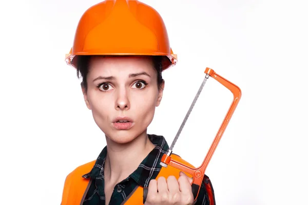 Beautiful Young Girl Worker Helmet Holds Screwdriver His Hand — Stock Photo, Image