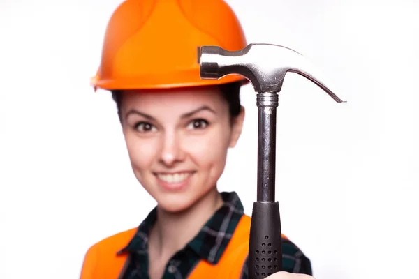 Beautiful Young Girl Worker Helmet Holds Hammer His Hand — Stock Photo, Image