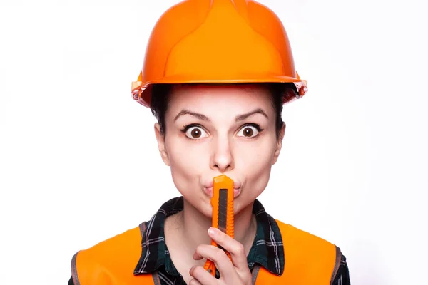 Beautiful Young Girl Worker Helmet Holds Knife His Hand — Stock Photo, Image