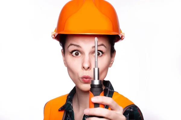 Beautiful Young Girl Worker Helmet Holds Screwdriver His Hand — Stock Photo, Image