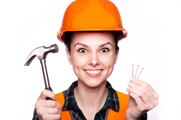 Beautiful Young Girl Worker Construction Helmet Holds Hammer Nails Hand — Stock Photo, Image