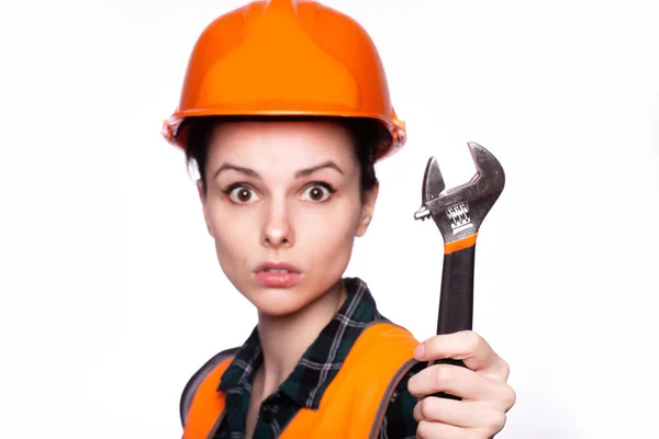 Beautiful Young Girl Worker Helmet Holds Her Hand Wrench — Stock Photo, Image