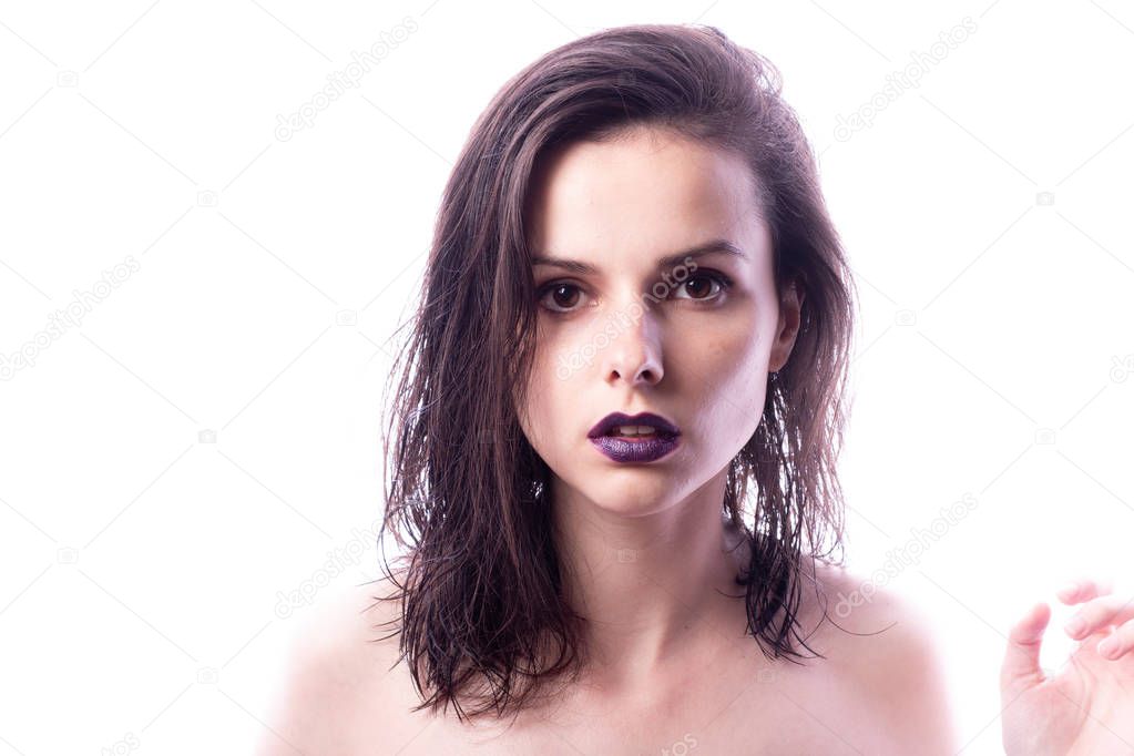 beautiful young girl in the grid, portrait, white background