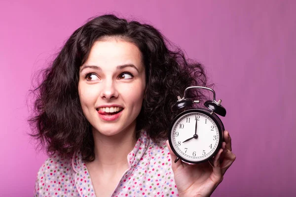 Beautiful Curly Girl Pajamas Pink Background — Stock Photo, Image