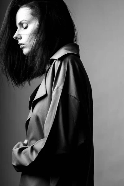 Beautiful Young Girl Trench Coat Black White — Stock Photo, Image