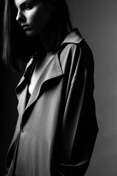 Beautiful Young Girl Trench Coat Black White — Stock Photo, Image