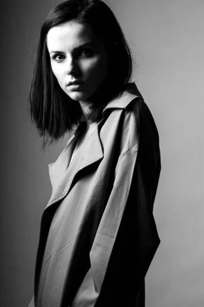 Beautiful Young Girl Trench Coat Black White Stock Image