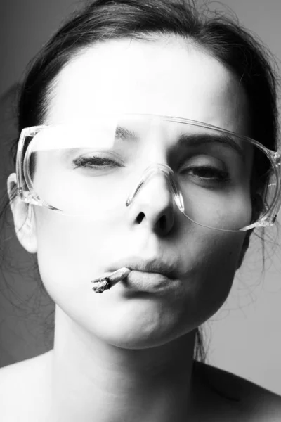 Beautiful Young Girl Safety Glasses Cigarette Her Mouth Black White — Stock Photo, Image