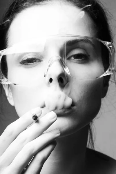 Beautiful Young Girl Safety Glasses Cigarette Her Mouth Black White — Stock Photo, Image