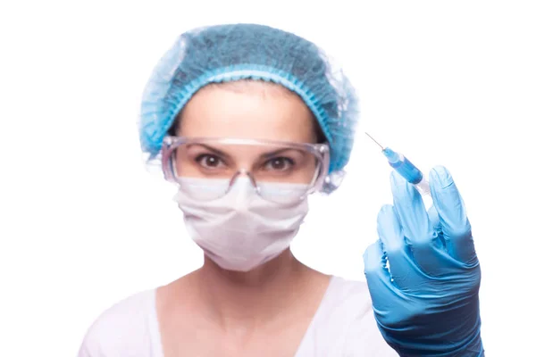 Beautiful Young Girl Medical Mask Wearing Glasses Gloves Holding Syringe — Stock Photo, Image