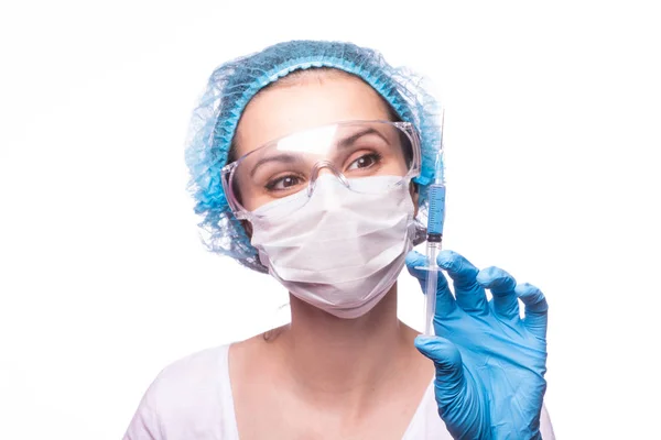 Vacker Ung Flicka Medicinsk Mask Bär Glasögon Och Handskar Håller — Stockfoto