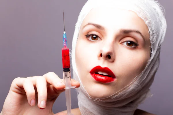 Beautiful Young Girl Lips Painted Red Lipstick Head Bandaged Bandage — Stock Photo, Image