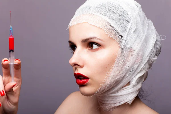 Beautiful Young Girl Lips Painted Red Lipstick Head Bandaged Bandage — Stock Photo, Image