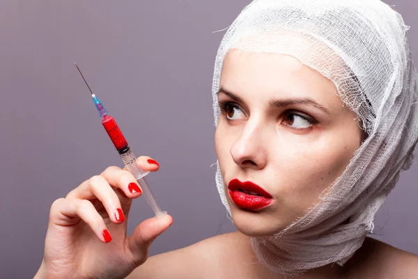 Beautiful Young Girl Lips Painted Red Lipstick Head Bandaged Bandage — Stock Photo, Image