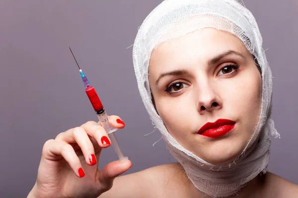 Beautiful Young Girl Lips Painted Red Lipstick Head Bandaged Bandage — Stock Photo, Image