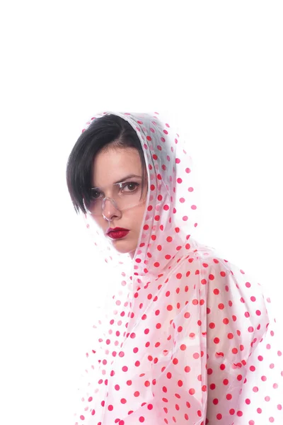 Mulher Uma Capa Chuva Com Bolinhas Vermelhas Óculos Segurança Transparentes — Fotografia de Stock