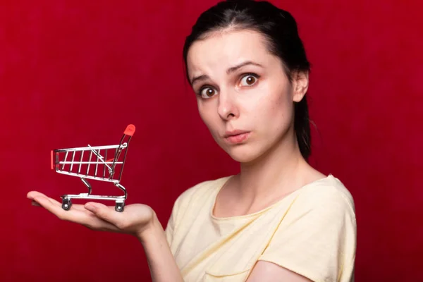 woman shows the economy on the example of an empty toy trolley from the supermarket, red background