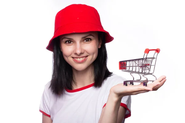 Stylish Woman Panama Holds Shopping Trolley — Stock Photo, Image