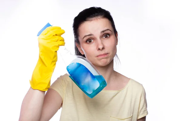 Beautiful Cleaning Service Woman Yellow Cleaning Gloves Holds Fucking Window — Stockfoto