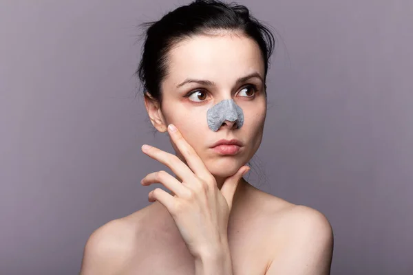 Naked Woman Nose Strip Face Isolated Grey — Stock Photo, Image
