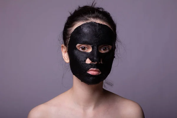 Woman Black Cloth Mask Face Cosmetic Skin Care — Stock Photo, Image