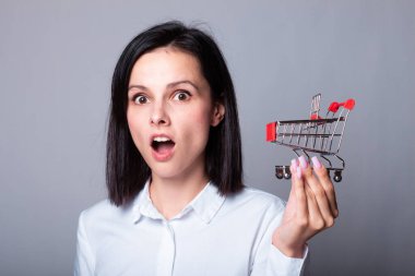 Elinde küçük bir market arabası olan güzel bir kadın.