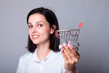 Küçük alışveriş arabalı bir kadın. Alışveriş arabasıyla yakışıklı bir adam çarpıştı. İndirim, indirim ve online alışveriş konsepti. Küçük alışveriş arabası olan kız. Boşluğu kopyala