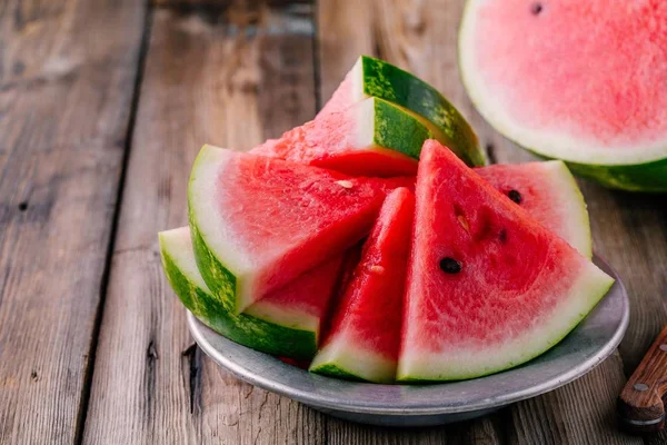 Fresh Ripe Sliced Watermelon Wooden Rustic Background — Stock Photo, Image