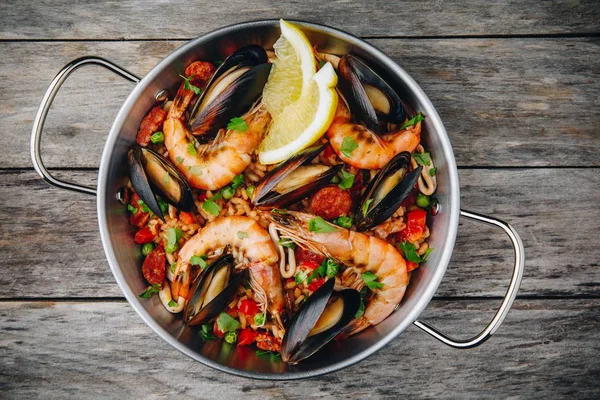 Spanish Seafood Paella Mussels Shrimps Chorizo Sausages Traditional Pan Wooden — Stock Photo, Image