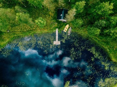 Havadan görünümü bulutlar yansıması Finlandiya ile orman ve mavi göl. Göl kıyısı sauna eve. Balıkçı tekneleri ile ahşap iskele.