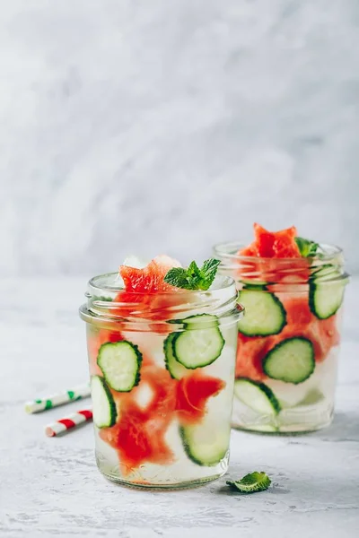 Infused Detox Water Watermelon Cucumber Slices Mint Ice Cold Summer — Stock Photo, Image