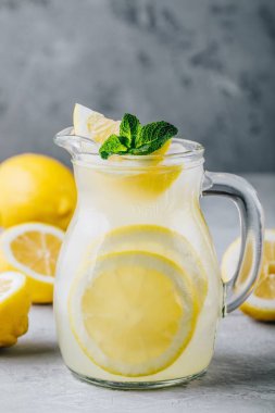Ev yapımı ferahlatıcı yaz limonata içiyorum limon dilimleri, zencefil, nane ve buz ile