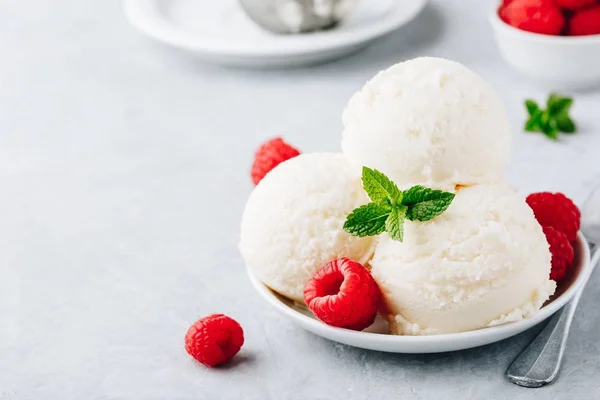Vanilla Ice Cream Fresh Raspberries Mint Leaves White Bowl — Stock Photo, Image