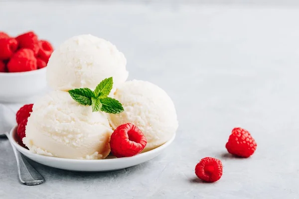 Vanilla Ice Cream Fresh Raspberries Mint Leaves White Bowl — Stock Photo, Image