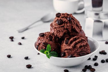 Bir kase çikolata kahve dondurma kaşık toz nane ile açık renkli yaprakları. 