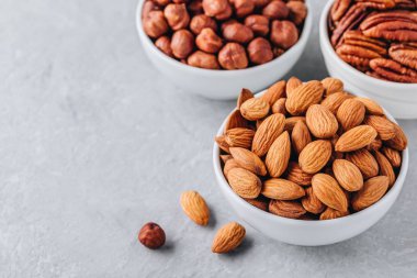 Badem, pecans ve gri arka plan üzerinde beyaz kase fındık. Fındık ürün yelpazesine. Sağlıklı gıda ve snack. Kopya alanı