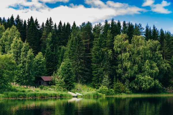 Summer cottage or log cabin by the blue lake in rural Finland. Idyllic countryside landscape view with blue water and green forest.